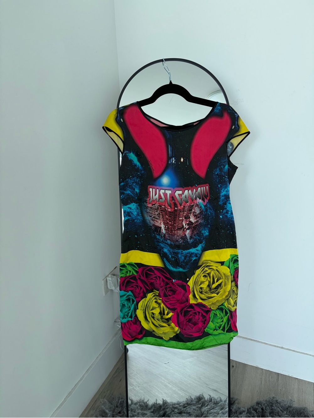 Just Cavalli Black Dress with Pink, Yellow & Green Floral Accents